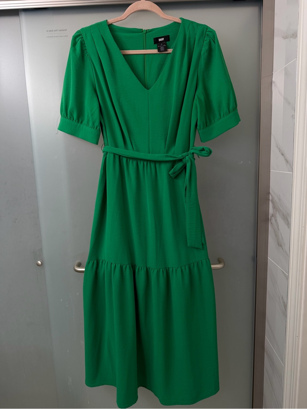 DKNY Green V-Neck Midi Dress with Tie Belt